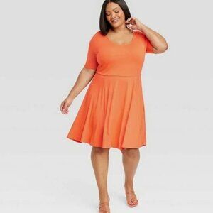 Ava & Viv Orange Peach Coral Fit Flare Knee Midi Skater Swing Dress NWT 2X